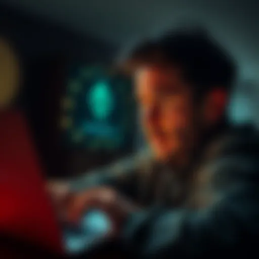 A person showing frustration while trying to buy Monero on a laptop, with a confused expression and cryptocurrency symbols on the screen.