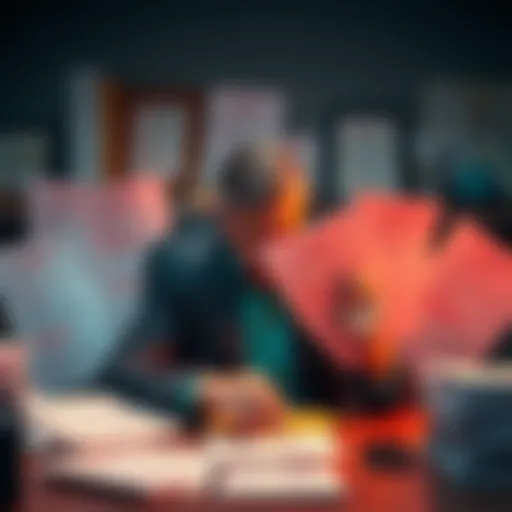 A concerned individual sitting at a desk surrounded by rejection letters and KYC forms, looking worried about their application status.