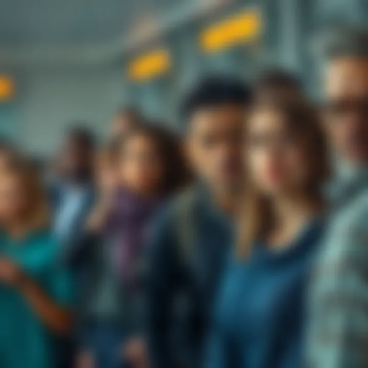 A group of people looking unhappy while waiting in a long line at a migration office, expressing concerns about delays and fairness of the system.