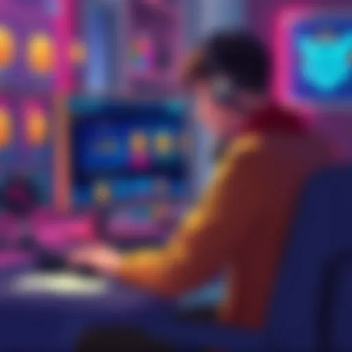 A gamer sitting at a desk, looking stressed while playing a game about Atlas Bucks on a computer screen, with coins and rewards graphics visible in the background.