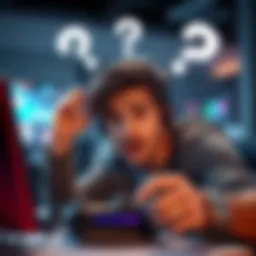 A new player looking frustrated while playing games on a console, with a question mark above their head, representing a search for help