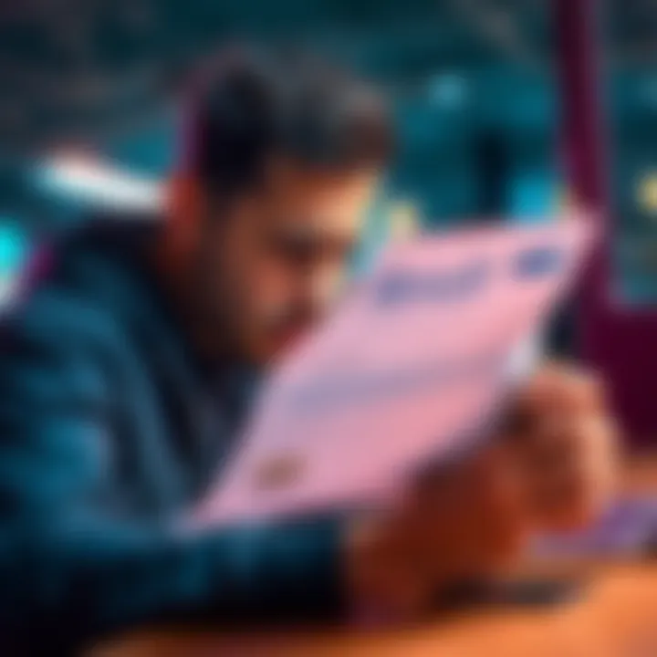 Frustrated Revolut Customer A person looking disappointed while reviewing a financial statement, showing reduced interest rates after signing up for a metal card.