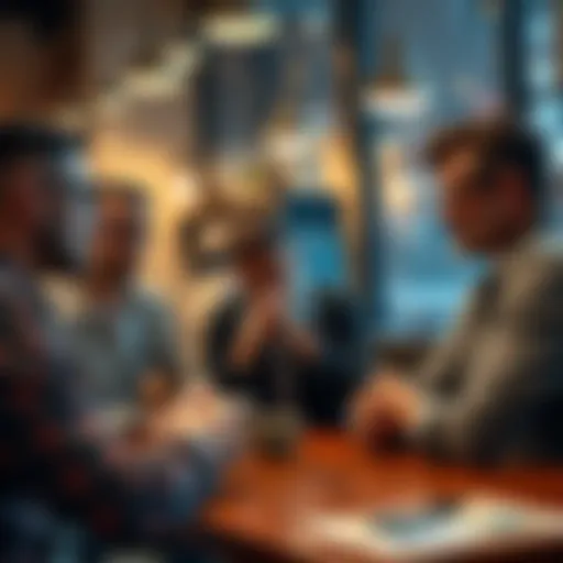 A group of unhappy customers discussing international transfer fees for Revolut's Metal plan in a coffee shop.