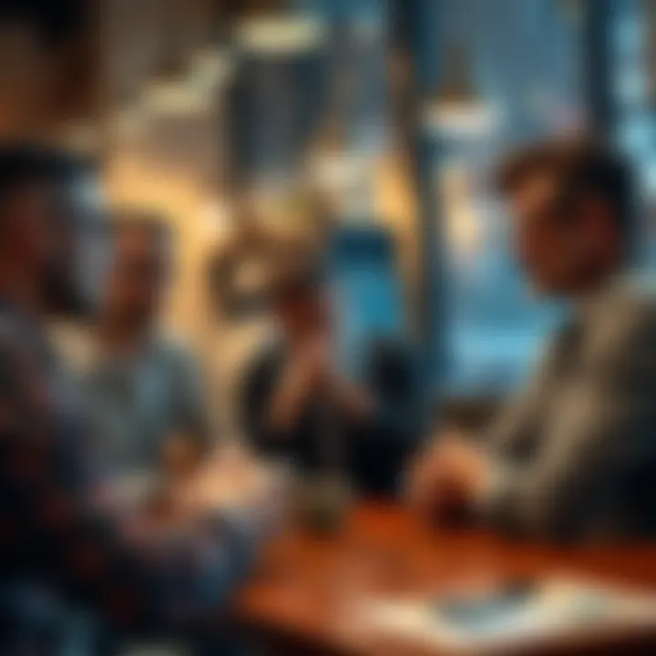 A group of unhappy customers discussing international transfer fees for Revolut's Metal plan in a coffee shop.