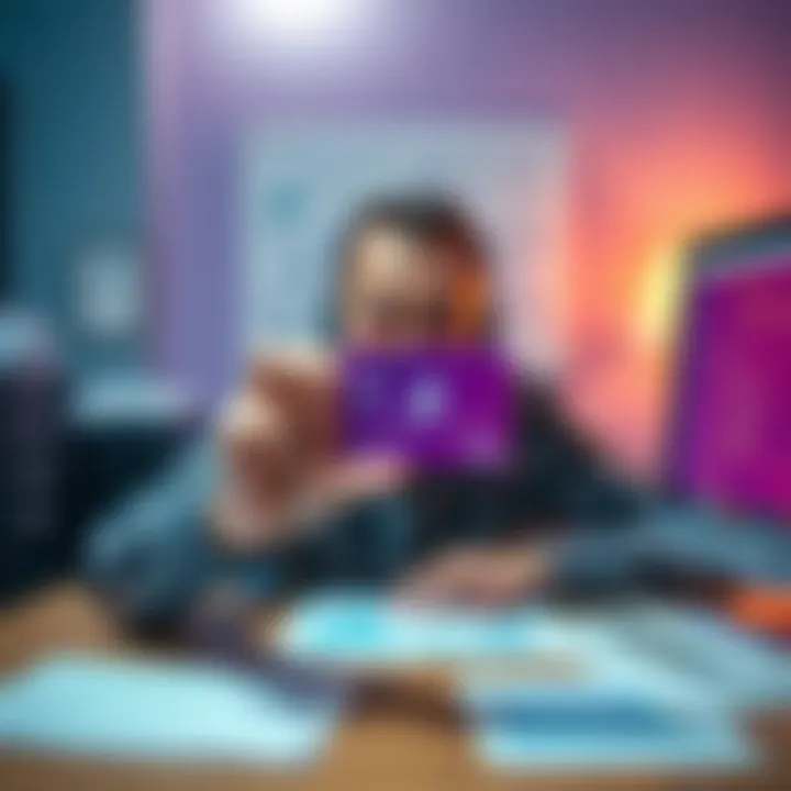 A person holding a custom purple metal card, looking disappointed after receiving a card design rejection, surrounded by paperwork and a computer showing design guidelines.