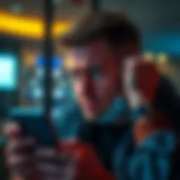 A person looking worried while checking their phone, showing frustration with frozen funds and unresponsive customer service.