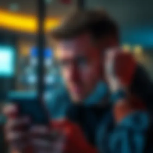 A person looking worried while checking their phone, showing frustration with frozen funds and unresponsive customer service.
