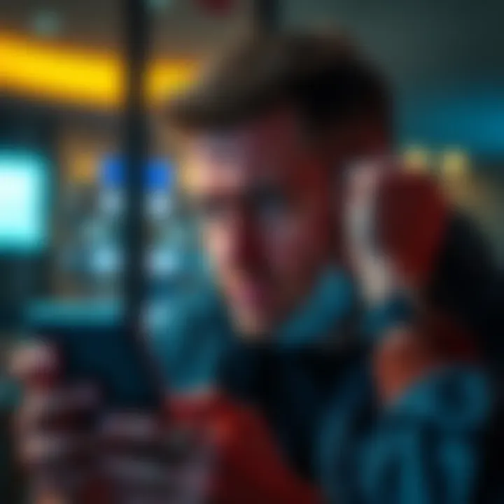 A person looking worried while checking their phone, showing frustration with frozen funds and unresponsive customer service.