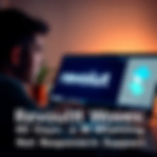 A person looking frustrated while using a laptop with Revolut's logo on the screen, showing a long wait for support