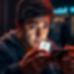 A person looking frustrated while using a smartphone, displaying a Revolut app with a warning sign for flagged transfers.
