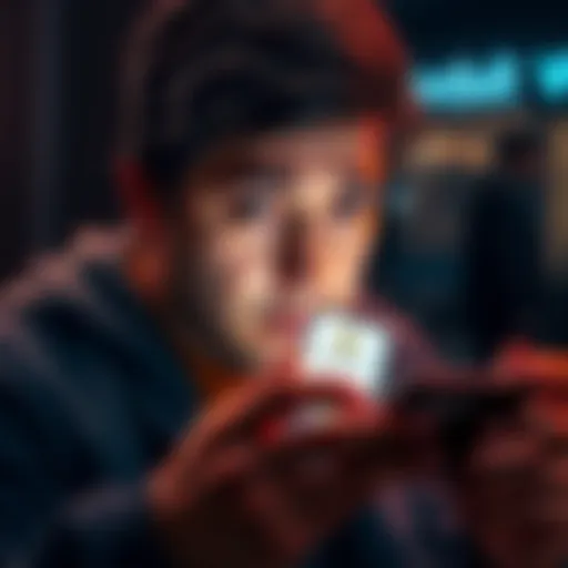 A person looking frustrated while using a smartphone, displaying a Revolut app with a warning sign for flagged transfers.