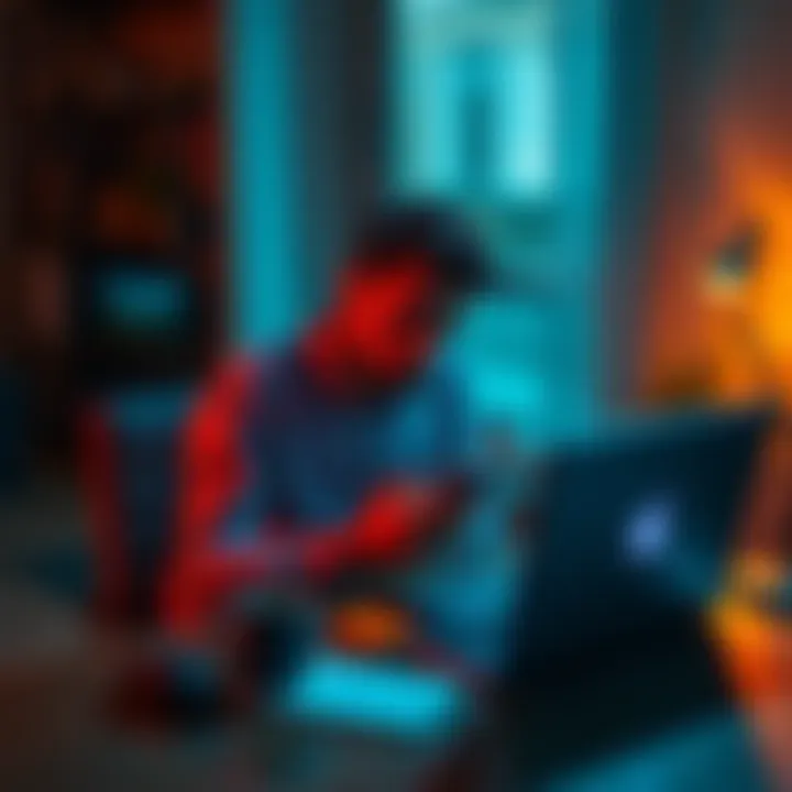 Frustrated Revolut user A frustrated person sitting at a desk with a laptop, looking at a Revolut app showing account restrictions, holding their head in hands
