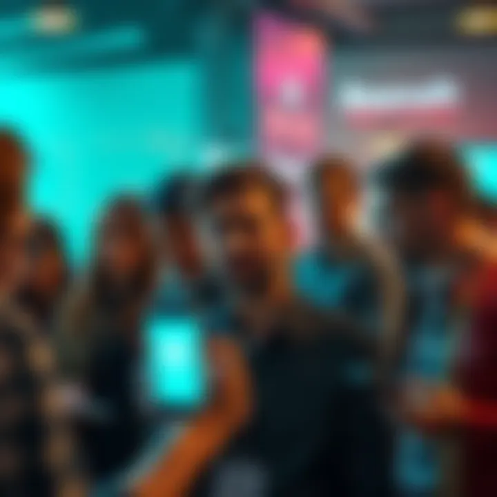 Group of frustrated people discussing missing features on Revolut, showing smartphones with the app open