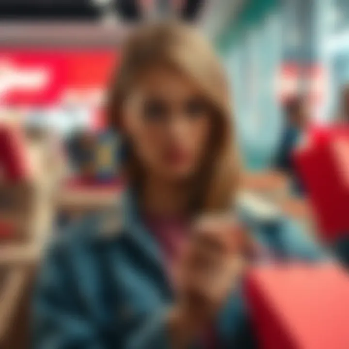 Frustrated Aliexpress Shopper with Revolut Card A shopper looking concerned while holding a smartphone showing an Aliexpress cancellation notification, surrounded by shopping parcels.