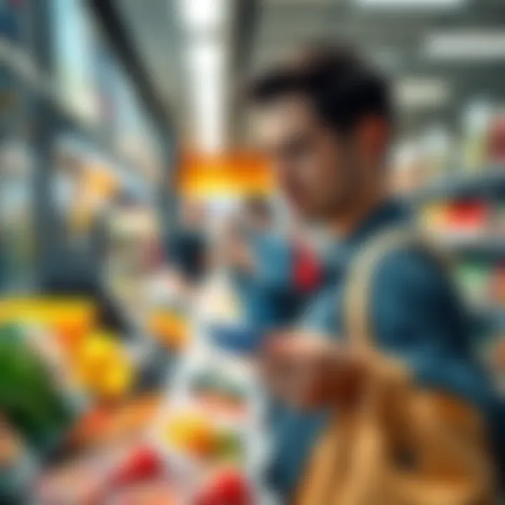 A person looking upset at a store checkout with a declined payment, holding a Curve card in their hand, surrounded by grocery items