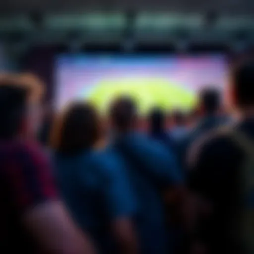 Group of disappointed soccer fans reacting to a La Liga match on a big screen, showing emotions of frustration and disbelief.