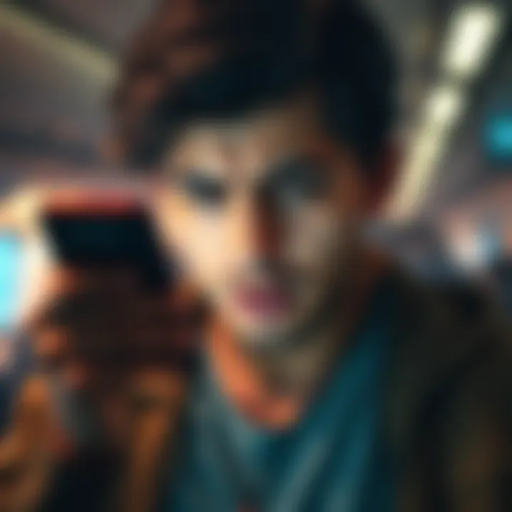 Person showing frustration while looking at a smartphone with a survey on screen, highlighting issues with language filters