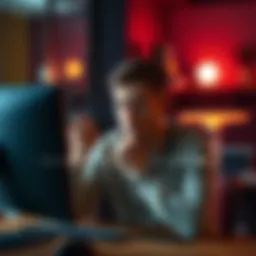 A frustrated person sitting at a desk, looking at a computer screen with a declined survey rewards notification.