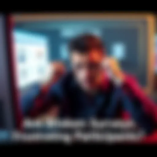 A person showing frustration while looking at a survey on a computer screen, with missing images or videos.