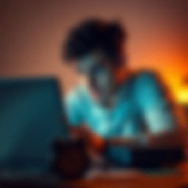 A person looking anxious while taking an online survey on a laptop, surrounded by notes and a clock showing time passing.