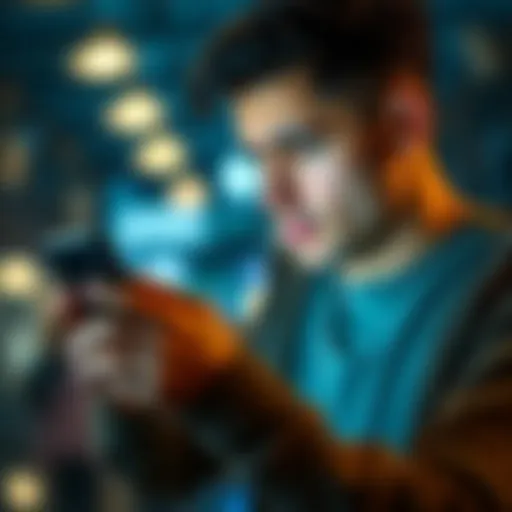 Frustrated survey taker A person showing frustration while looking at a survey app on their phone, depicting a disappointing experience with high-paying surveys