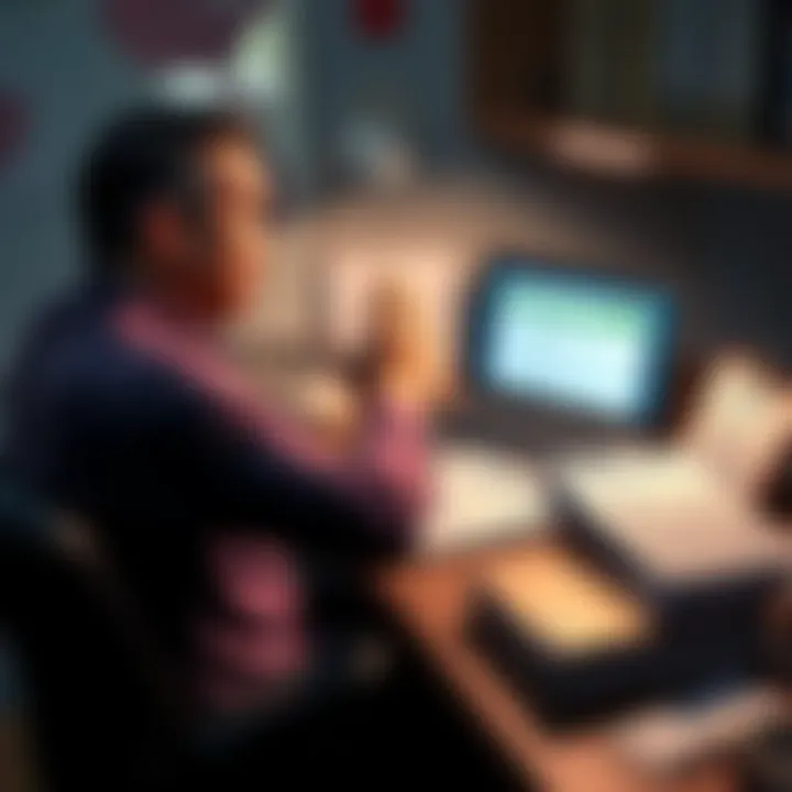 A person expressing frustration while sitting at a desk filled with tax documents, including a laptop showing TurboTax errors and a stack of papers labeled crypto transactions.