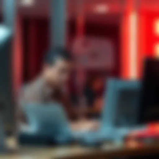 A Texas resident sitting at a bank desk, looking frustrated while trying to resolve account issues, with paperwork and a computer in front of them.