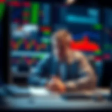 A person sitting at a desk, looking stressed while analyzing trading charts on a computer screen with declining stock prices in the background.