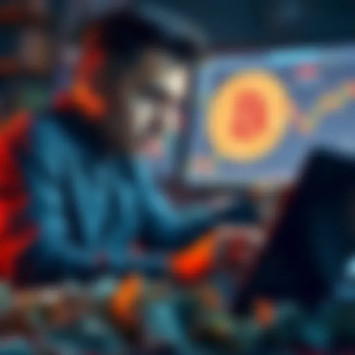 A trader with a worried expression examines Bitcoin price charts on a laptop, surrounded by crumpled dollar bills, illustrating financial frustration in the crypto market.