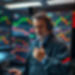 A frustrated trader stands next to computer screens showing market charts, expressing concerns over Weex's actions in futures trading.