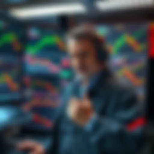 A frustrated trader stands next to computer screens showing market charts, expressing concerns over Weex's actions in futures trading.