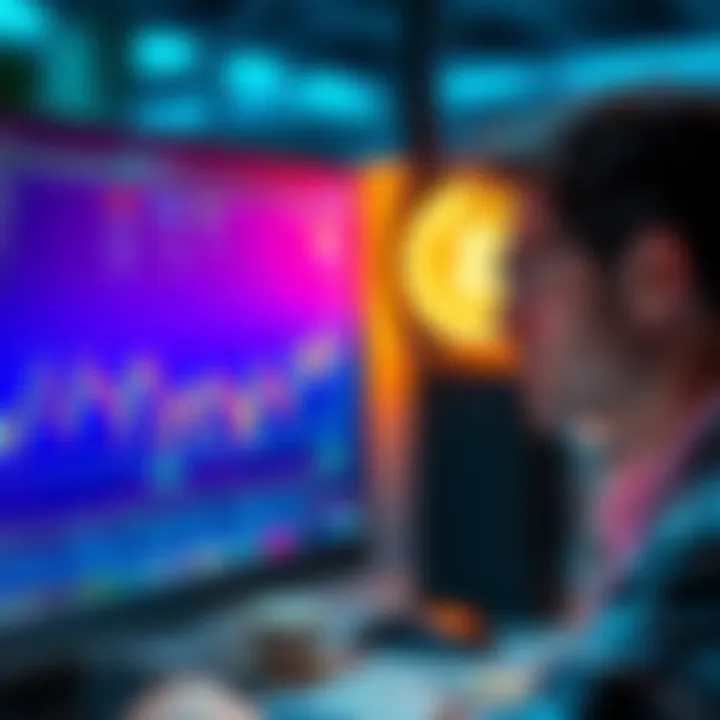 A trader looks frustrated while monitoring cryptocurrency charts on a computer screen as prices drop.