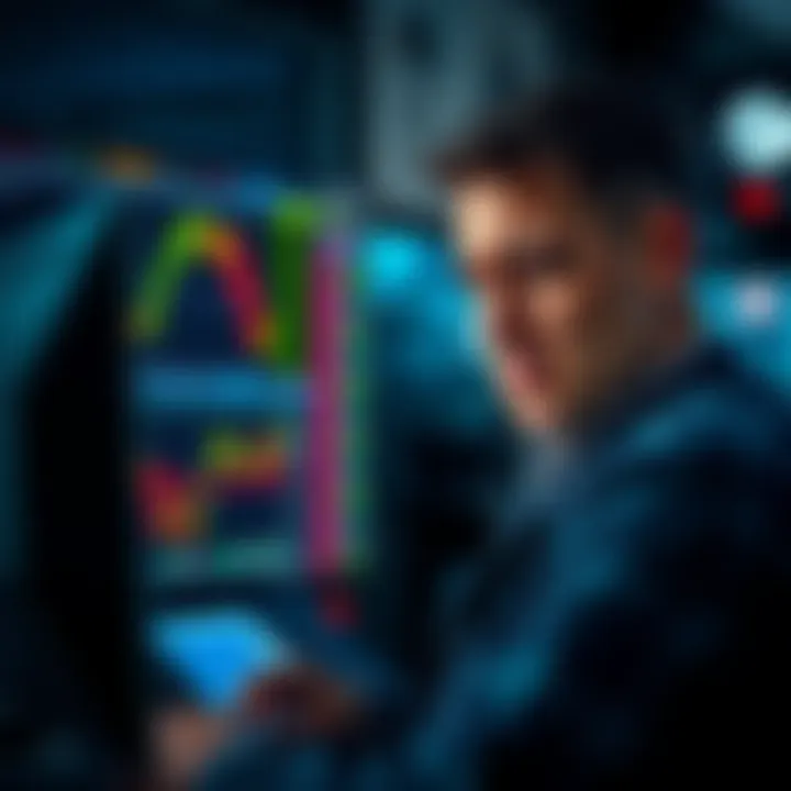 A trader with a concerned expression gazes at fluctuating market charts on a computer screen, showing signs of a bull market and posts about moon predictions in the background.