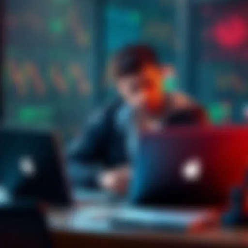 A frustrated trader sitting at a desk looking at a laptop with a disappointed expression, showing dissatisfaction with a cryptocurrency exchange.