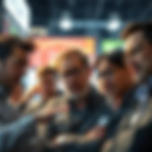 A group of frustrated traders discussing issues related to FTX with worried expressions.