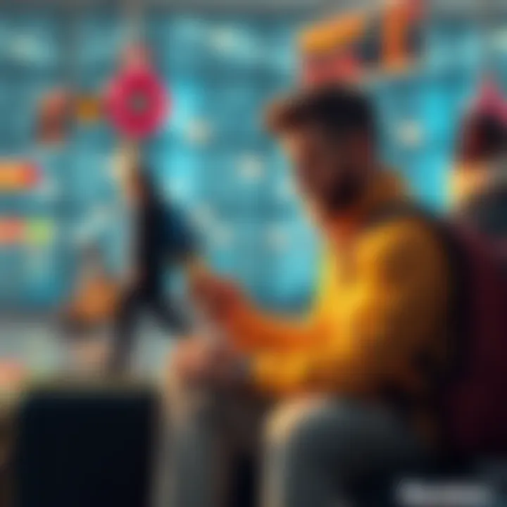 Frustrated traveler at an airport A frustrated traveler sitting on a suitcase at the airport, looking at their phone while waiting for flight updates.