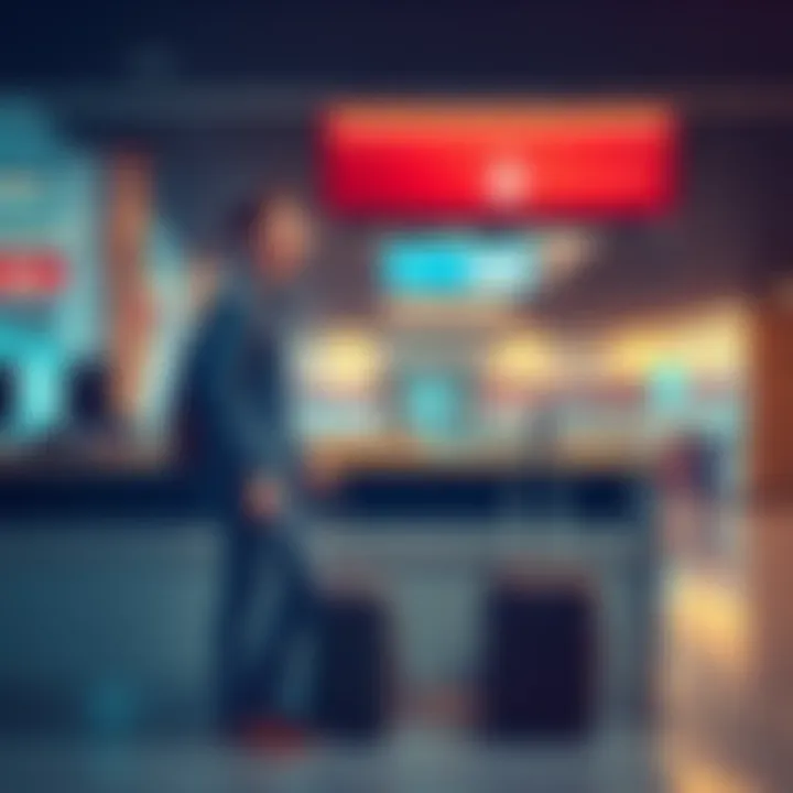 A frustrated traveler stands at a check-in desk looking at a computer screen, with luggage beside them and a concerned expression, indicating a last-minute check-in issue.