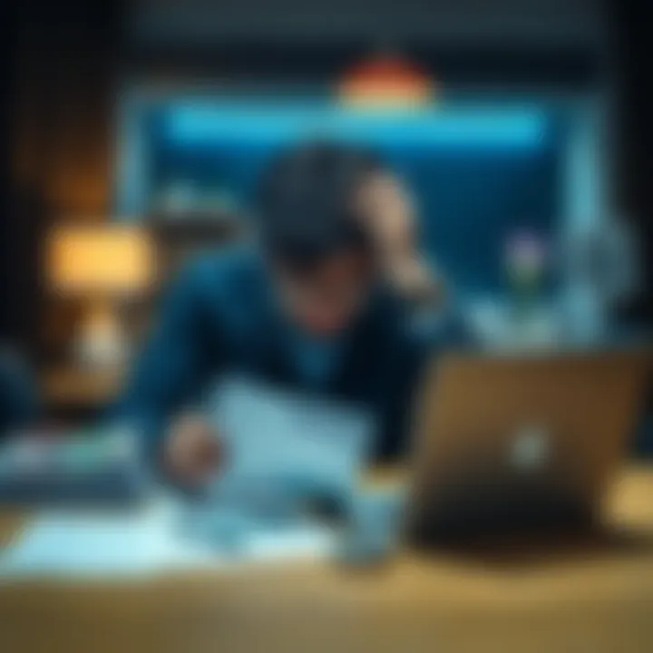 An Italian person sitting at a table looking frustrated with a laptop and bank statements in front of them, symbolizing challenges in closing a Revolut account in Switzerland due to a small balance