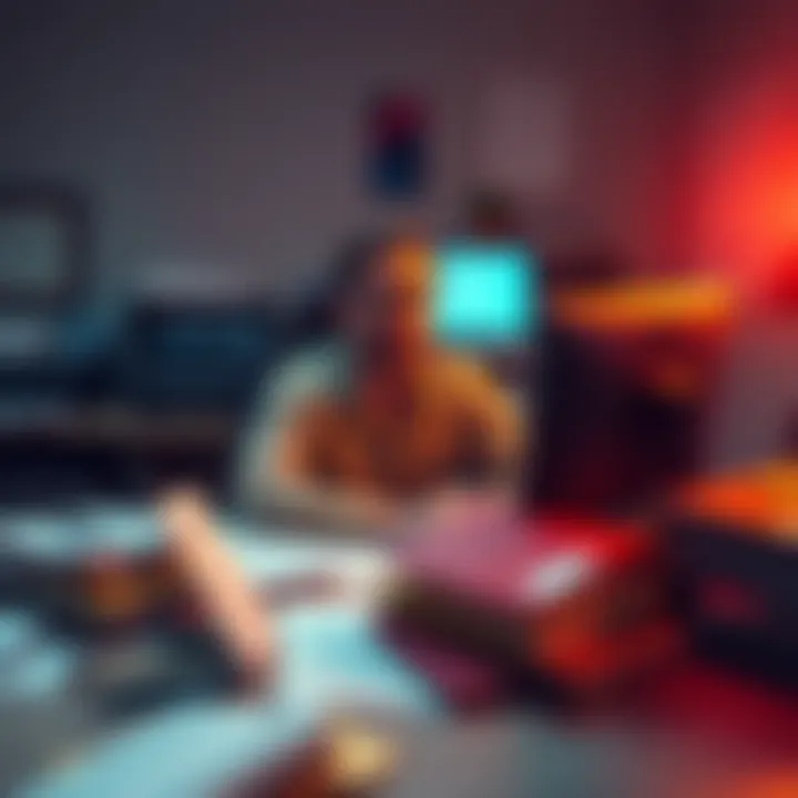 A frustrated user sitting at a desk surrounded by paperwork, looking at a computer screen with a pending payment notification.