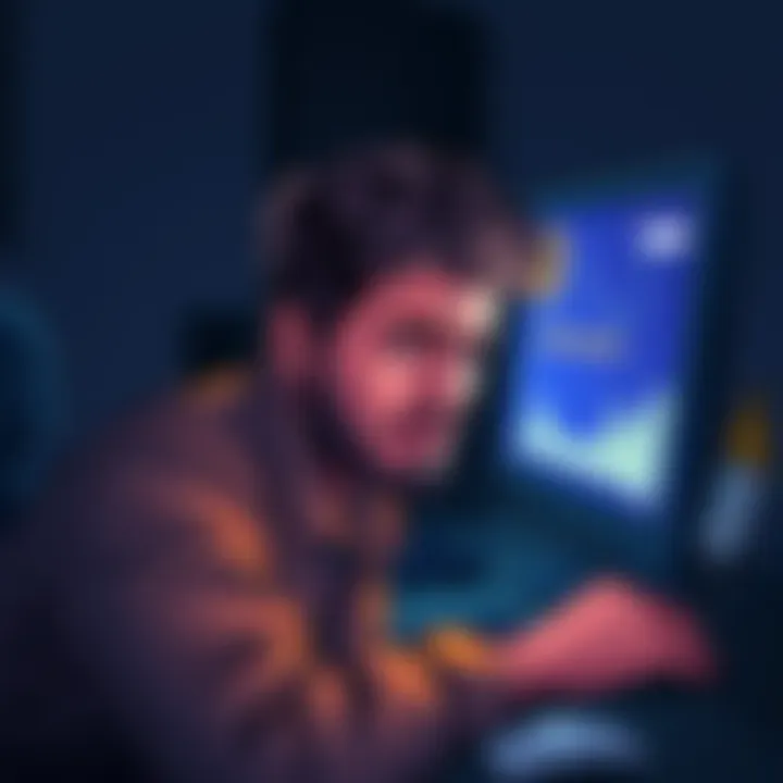 A person looking frustrated while staring at a computer screen showing the Binance platform, with a warning sign and money symbols nearby.