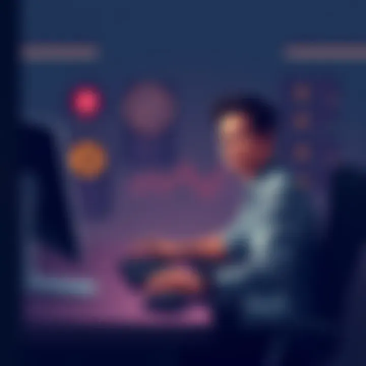 A person sitting at a desk, looking stressed while checking their computer screen for Bitcoin transfer updates