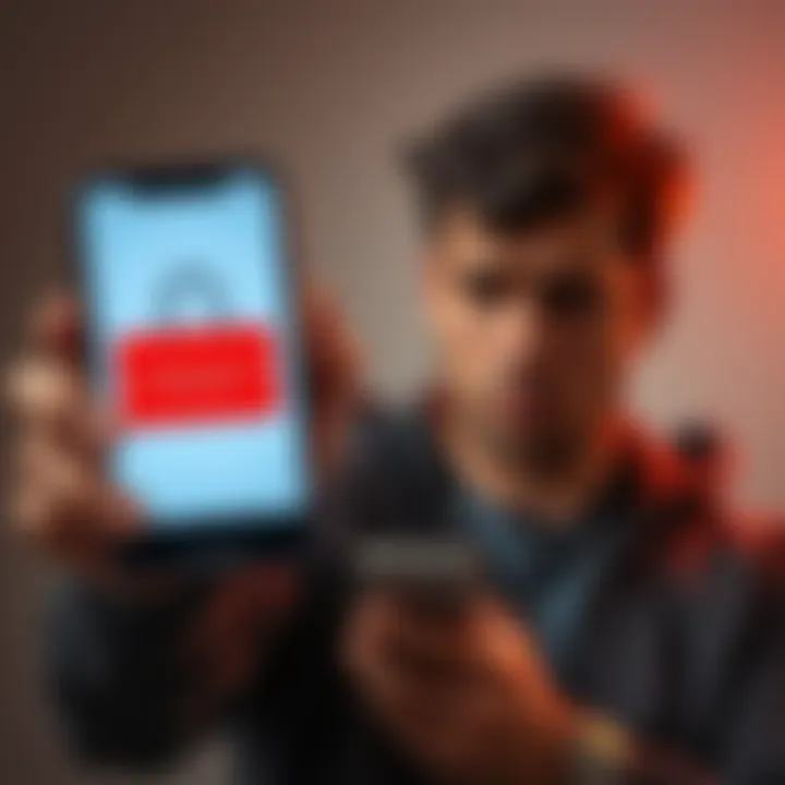 A person looks worried while holding a smartphone, indicating frustration over not receiving SMS verification codes. The phone screen shows an error message related to account access.