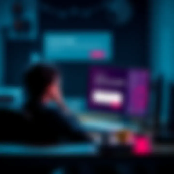 A person sitting at a desk, looking at a computer screen showing the Pi Wallet app with error messages about lock-up limits