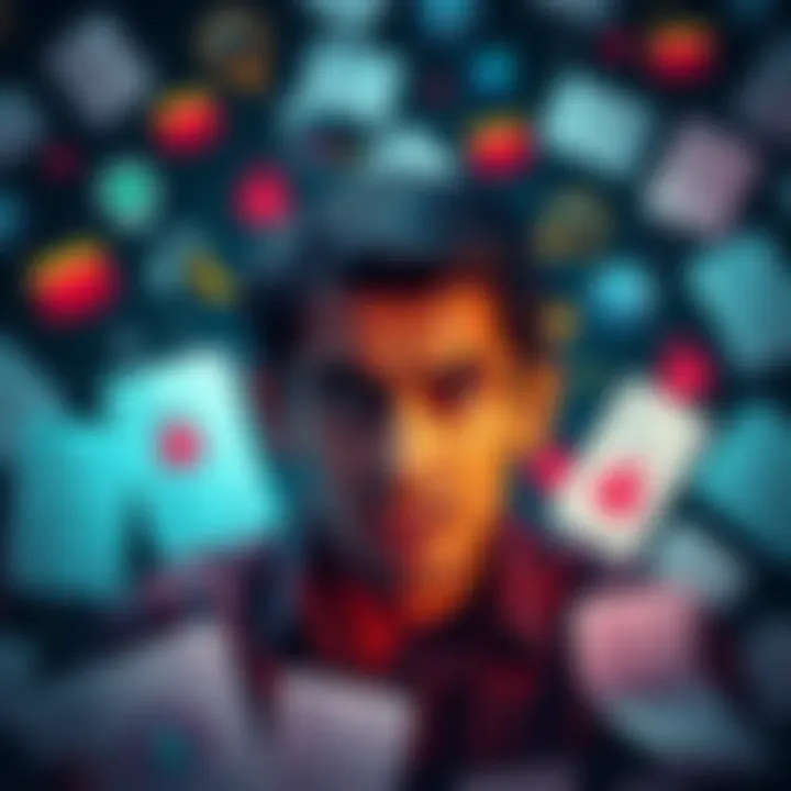 A worried individual surrounded by paperwork and digital icons symbolizing privacy concerns