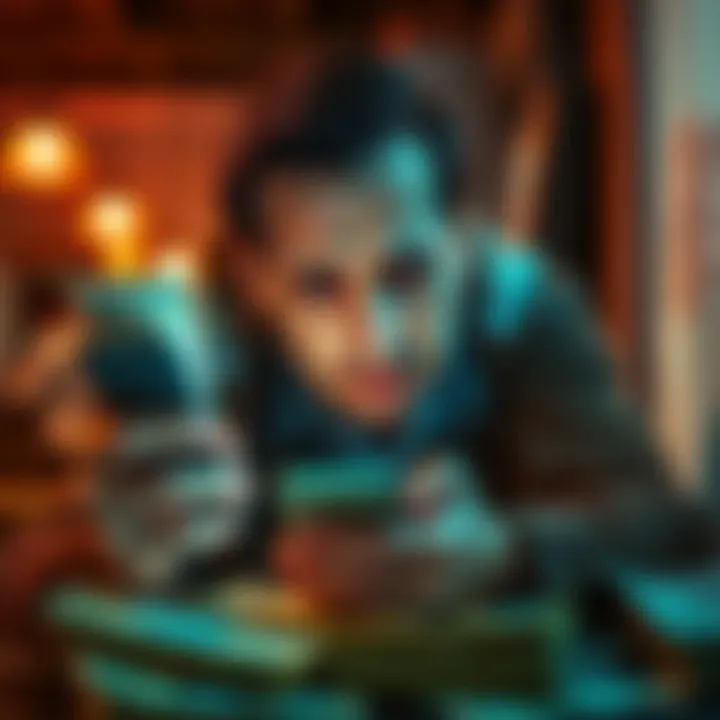 A person looks stressed while using a smartphone, surrounded by bills, indicating trouble withdrawing funds from an account.
