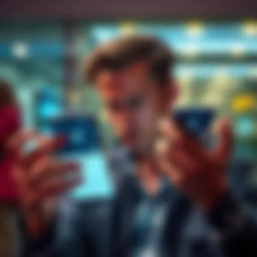 A person looks frustrated while holding a smartphone and staring at the screen, showing a survey app interface.