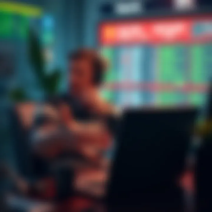 A person sitting at a desk looking stressed while using a laptop to manage stock trades, showing signs of frustration as they encounter problems with customer support.