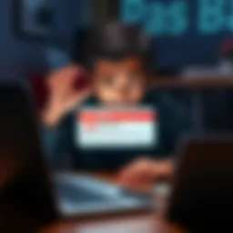 A person looking frustrated while using a laptop, showing a blocked VPN account notification on the screen.
