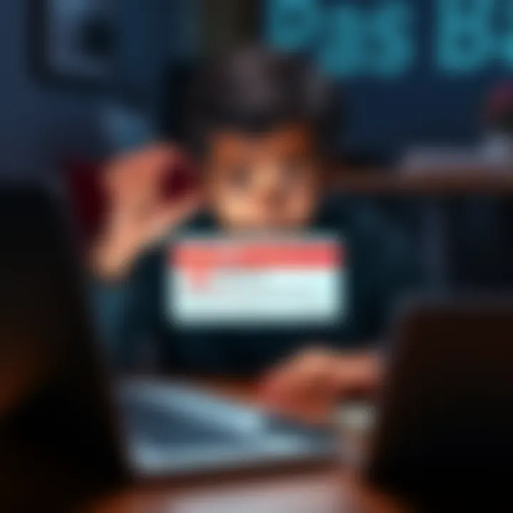 A person looking frustrated while using a laptop, showing a blocked VPN account notification on the screen.