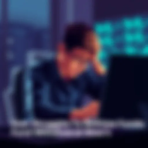 A frustrated person sitting at a computer, looking at their banking account while holding their head in despair, indicating issues with fund withdrawal.